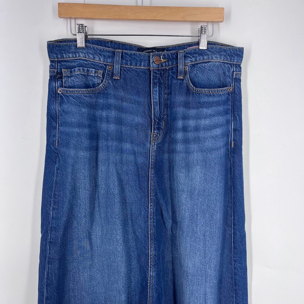 Johnny Was Vienna Maxi Skirt Blue Denim Raw Hem Back Slit Size 30 Womens - Picture 3 of 14